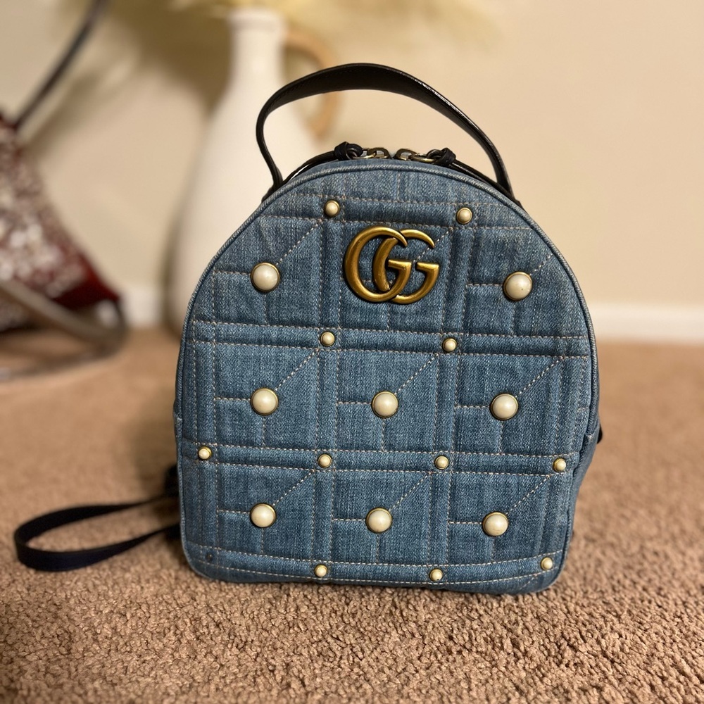 Authentic Gucci GG Marmont Pearl Embellished Demin Backpack